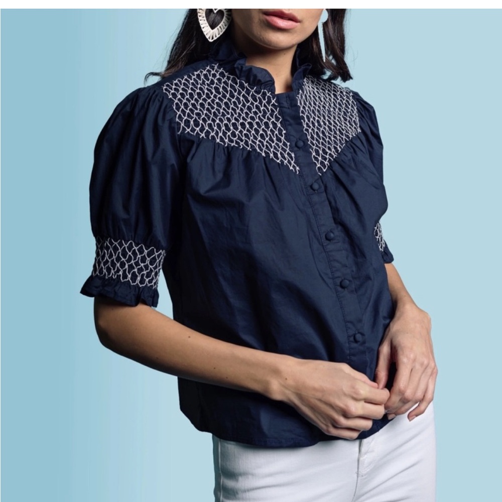 The Shirt by Rochelle Behrens | The Nicole | Navy  with White Smocking